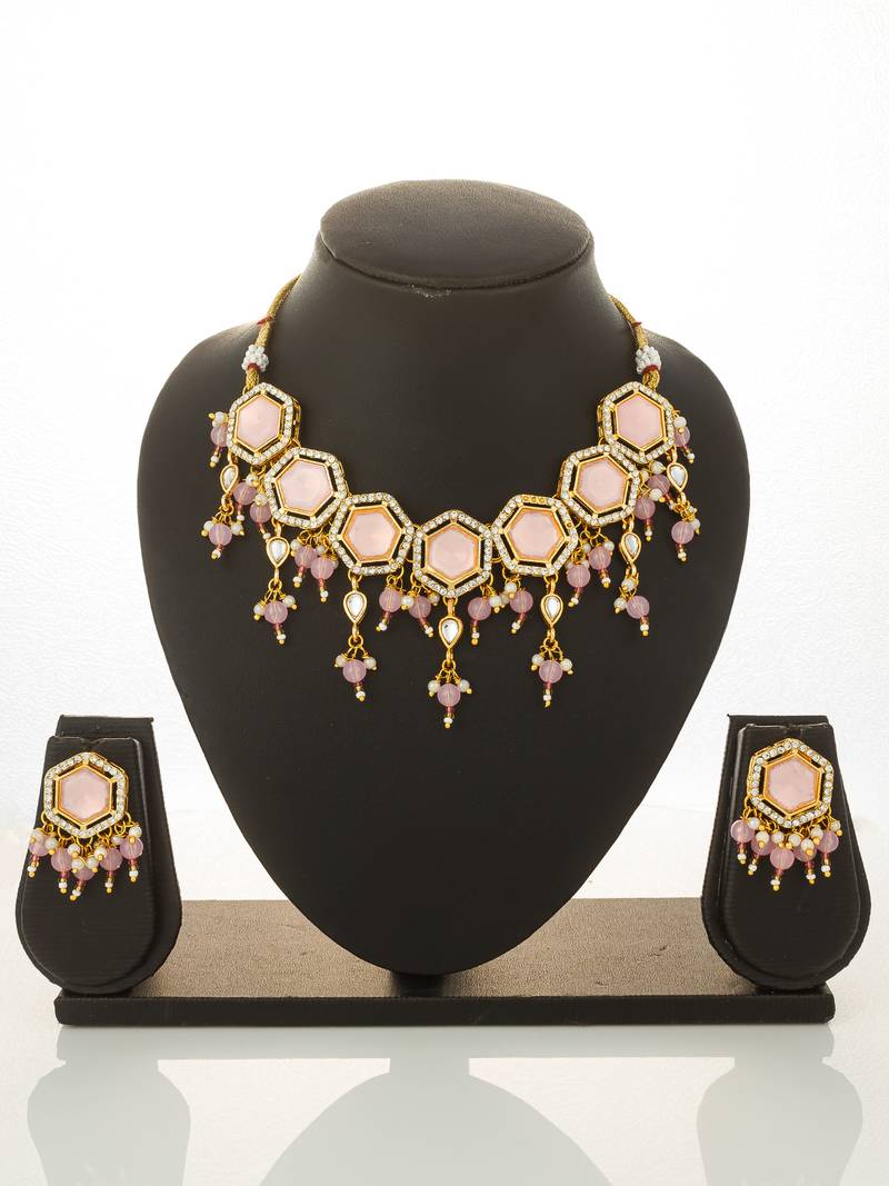 gold plated pink stone choker set