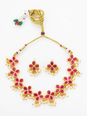 gold plated pink floral necklace set 2