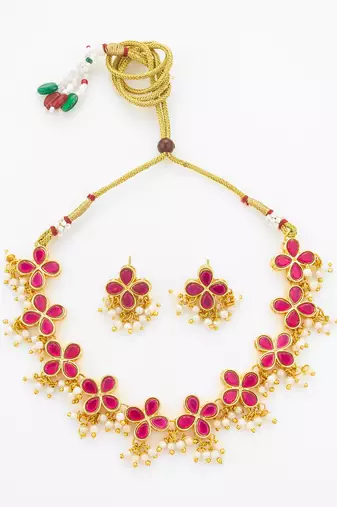 gold plated pink floral necklace set