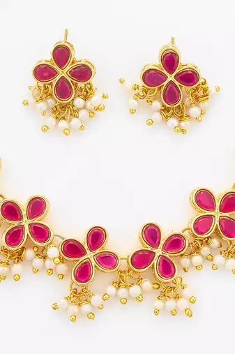 gold plated pink floral necklace set