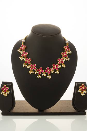 gold plated pink floral necklace set