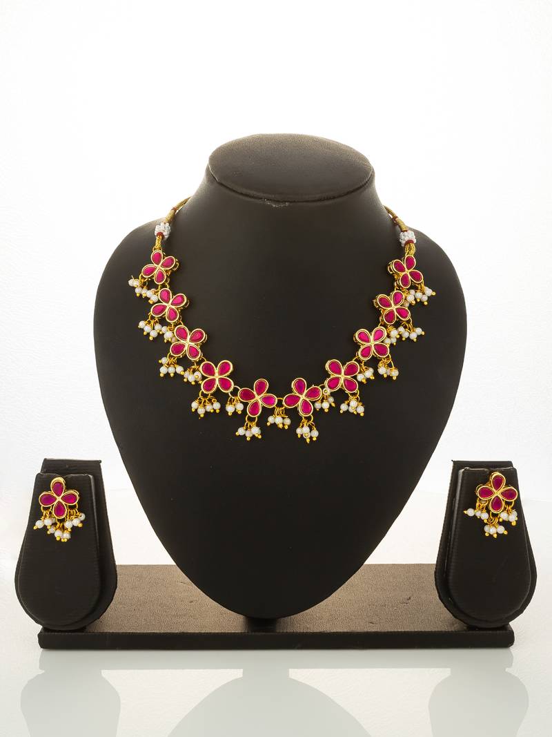 gold plated pink floral necklace set