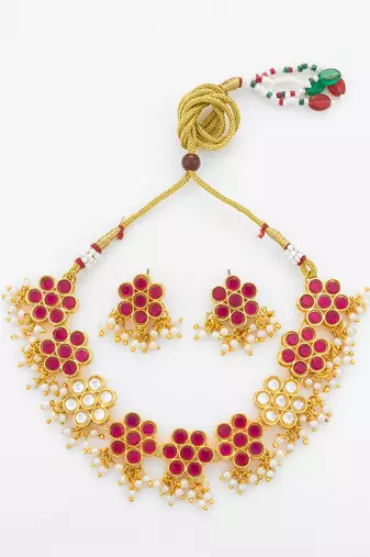 gold plated pink kundan necklace set