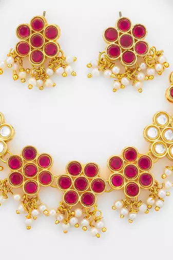 gold plated pink kundan necklace set