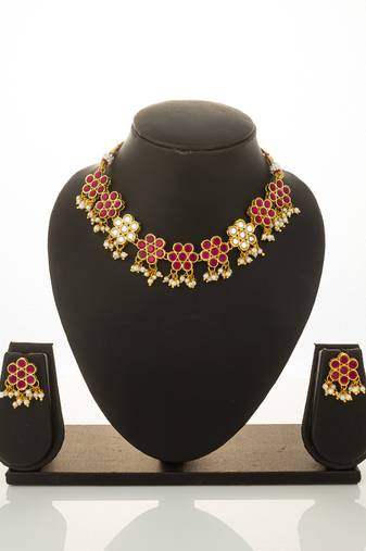 gold plated pink kundan necklace set