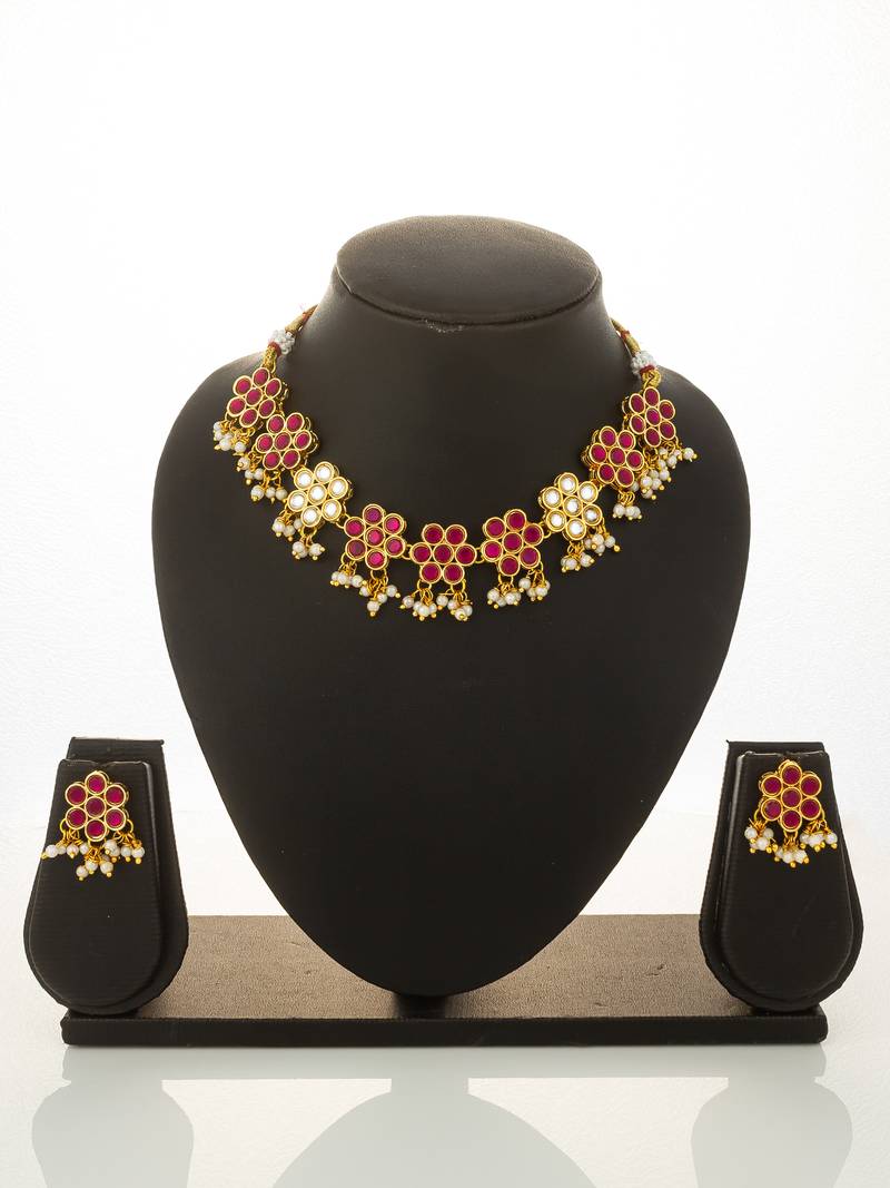 gold plated pink kundan necklace set