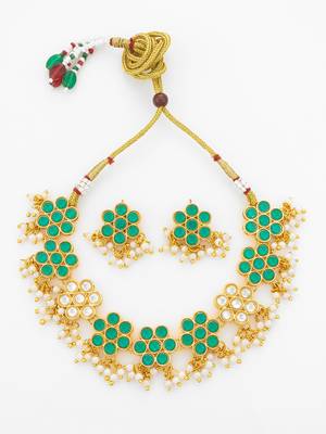 gold plated green floral necklace set 2