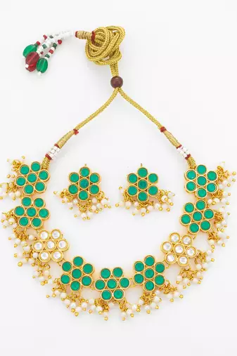 gold plated green floral necklace set