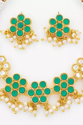 gold plated green floral necklace set