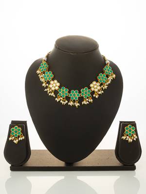 gold plated green floral necklace set 1