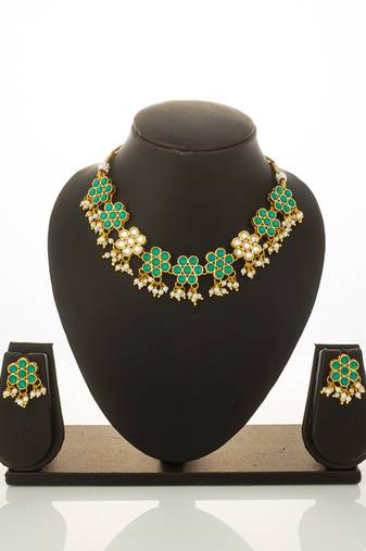 gold plated green floral necklace set