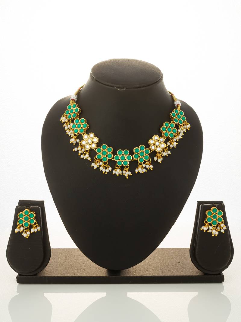 gold plated green floral necklace set