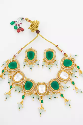 gold plated green white necklace set