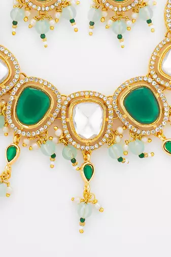 gold plated green white necklace set