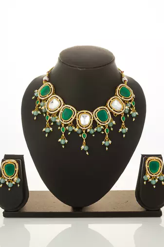 gold plated green white necklace set