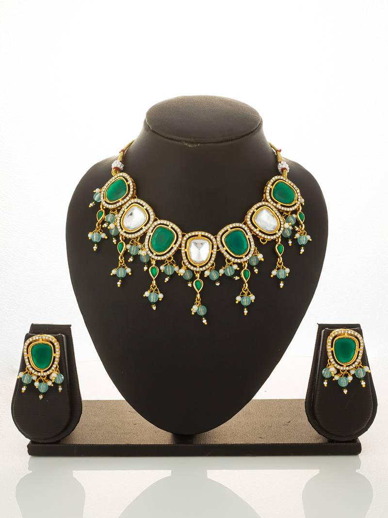 gold plated green white necklace set