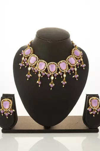 gold plated lavender kundan choker