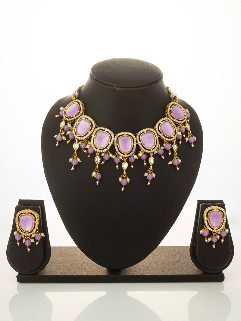 gold plated lavender kundan choker