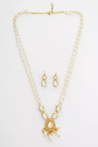 gold plated pearl kundan long set