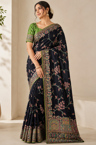 black jaqurad all over jaal border with dola pashmina silk saree