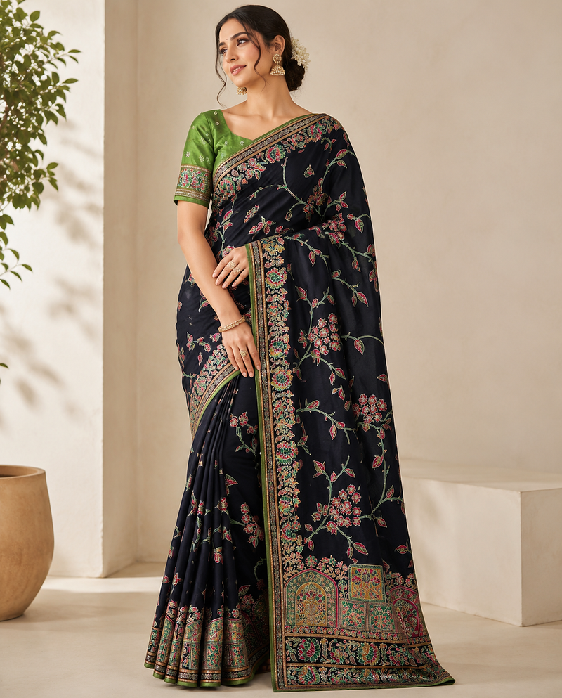 black jaqurad all over jaal border with dola pashmina silk saree