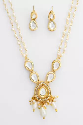 gold plated pearl kundan long set