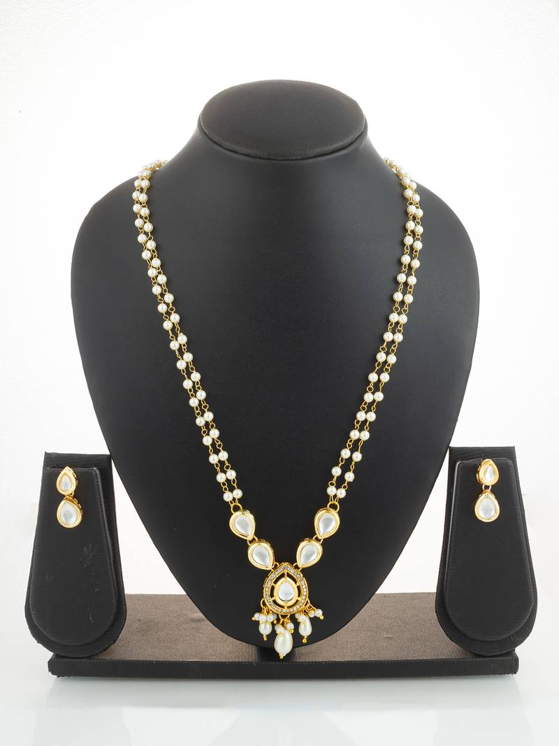 gold plated pearl kundan long set
