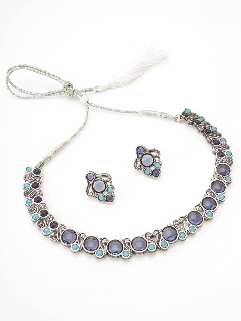 silver choker necklace set with blue and turquoise 