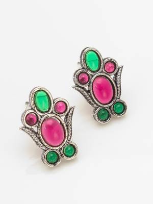 oxidized silver choker necklace set with pink and green stone and stud earrings 3
