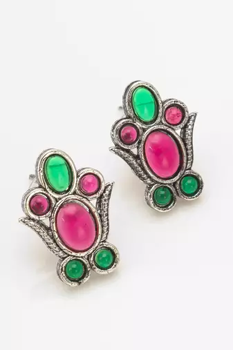oxidized silver choker necklace set with pink and green stone and stud earrings