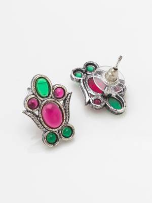 oxidized silver choker necklace set with pink and green stone and stud earrings 4