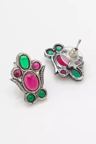 oxidized silver choker necklace set with pink and green stone and stud earrings
