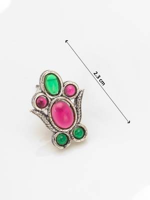 oxidized silver choker necklace set with pink and green stone and stud earrings 5