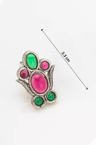 oxidized silver choker necklace set with pink and green stone and stud earrings