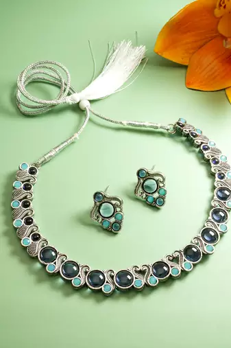 silver choker necklace set with blue and turquoise 