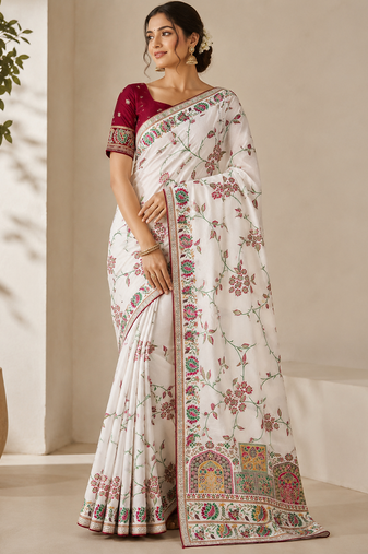 white jaqurad all over jaal border with dola pashmina silk saree