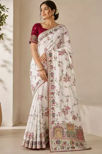 white jaqurad all over jaal border with dola pashmina silk saree