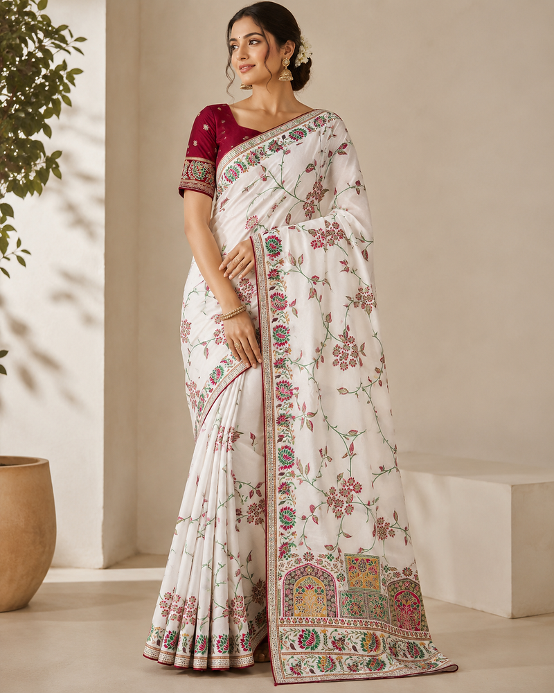 white jaqurad all over jaal border with dola pashmina silk saree
