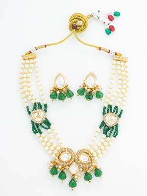 gold plated green kundan necklace set 2