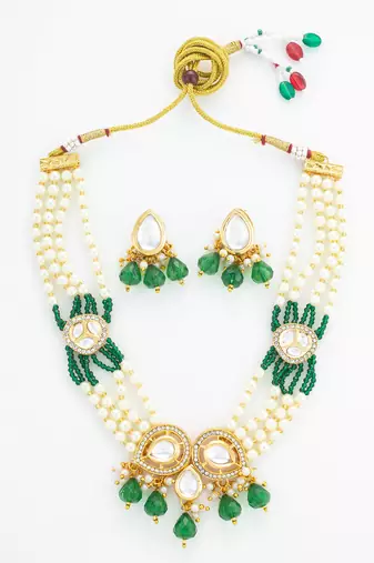 gold plated green kundan necklace set