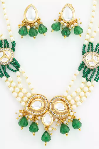 gold plated green kundan necklace set