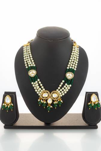 gold plated green kundan necklace set