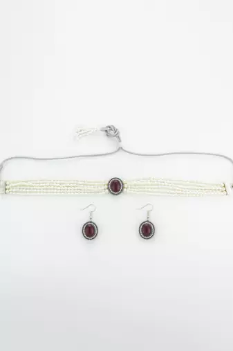 silver plated pearl choker set