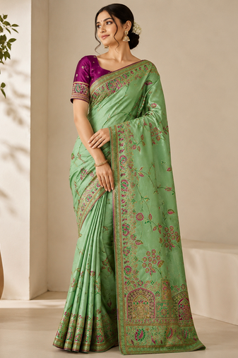 parrot green jaqurad all over jaal border with dola pashmina silk saree