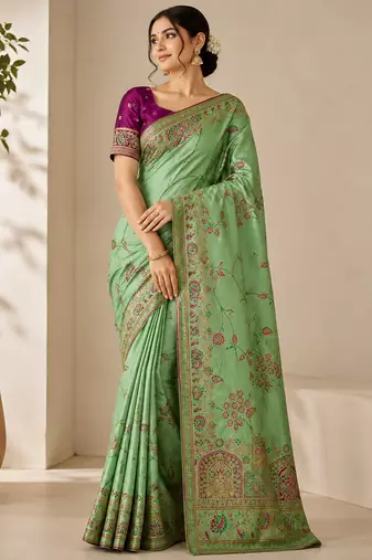 parrot green jaqurad all over jaal border with dola pashmina silk saree