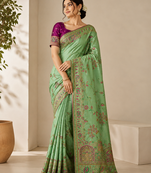 parrot green jaqurad all over jaal border with dola pashmina silk saree
