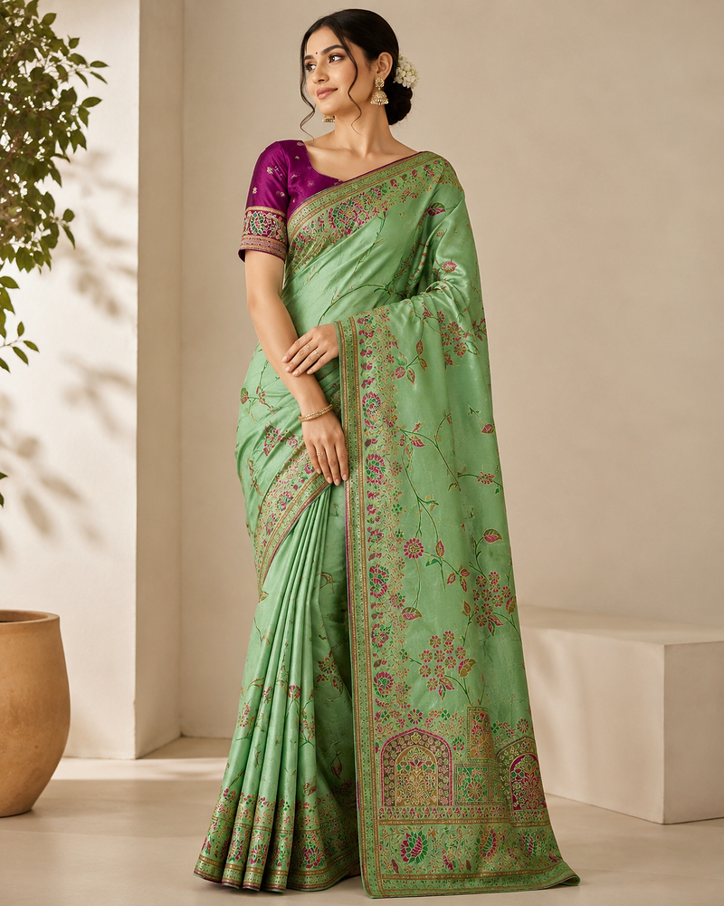 parrot green jaqurad all over jaal border with dola pashmina silk saree