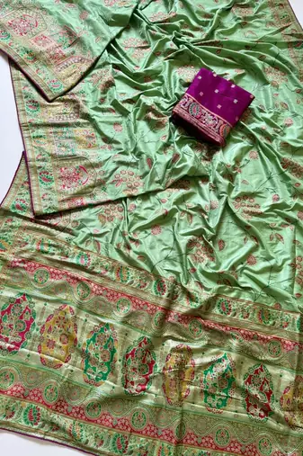 parrot green jaqurad all over jaal border with dola pashmina silk saree