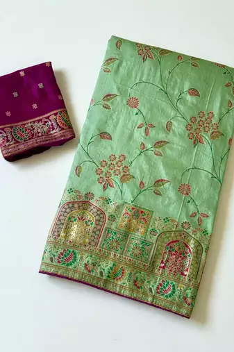parrot green jaqurad all over jaal border with dola pashmina silk saree