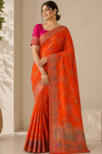 orange jaqurad all over jaal border with dola pashmina silk saree